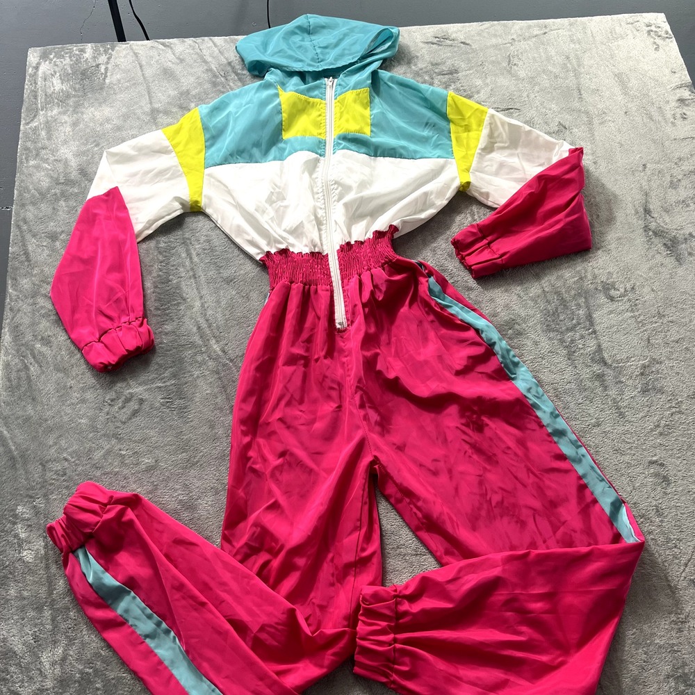 Vintage 80s 90s Color Block Neon Jumpsuit Retro Y2K Barbie Pink Teal Medium